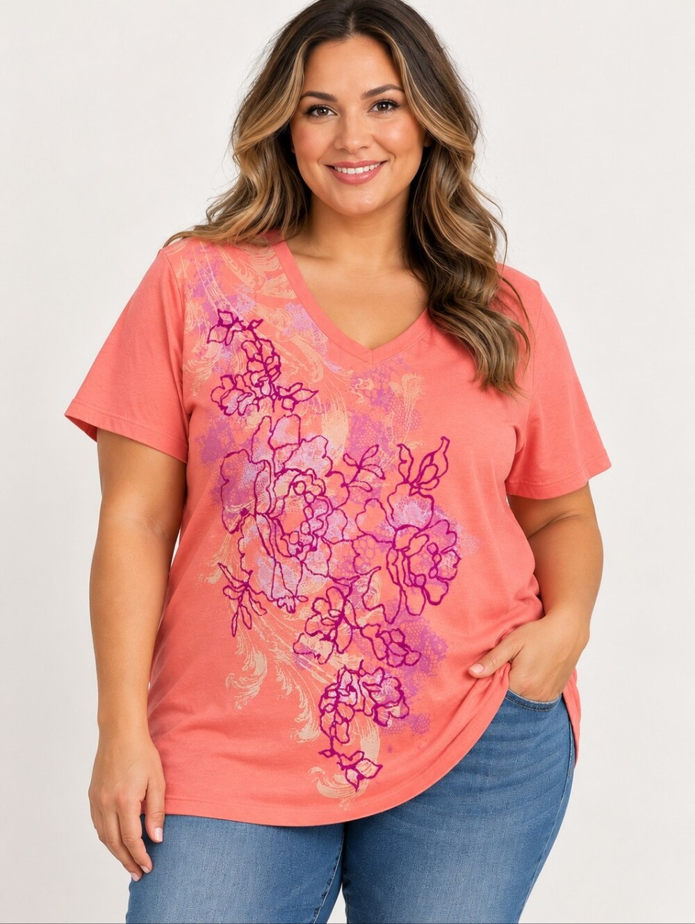 SONOMA Life + Style Floral Graphic V-Neck T-Shirt Womens 3X Coral Pink Plus